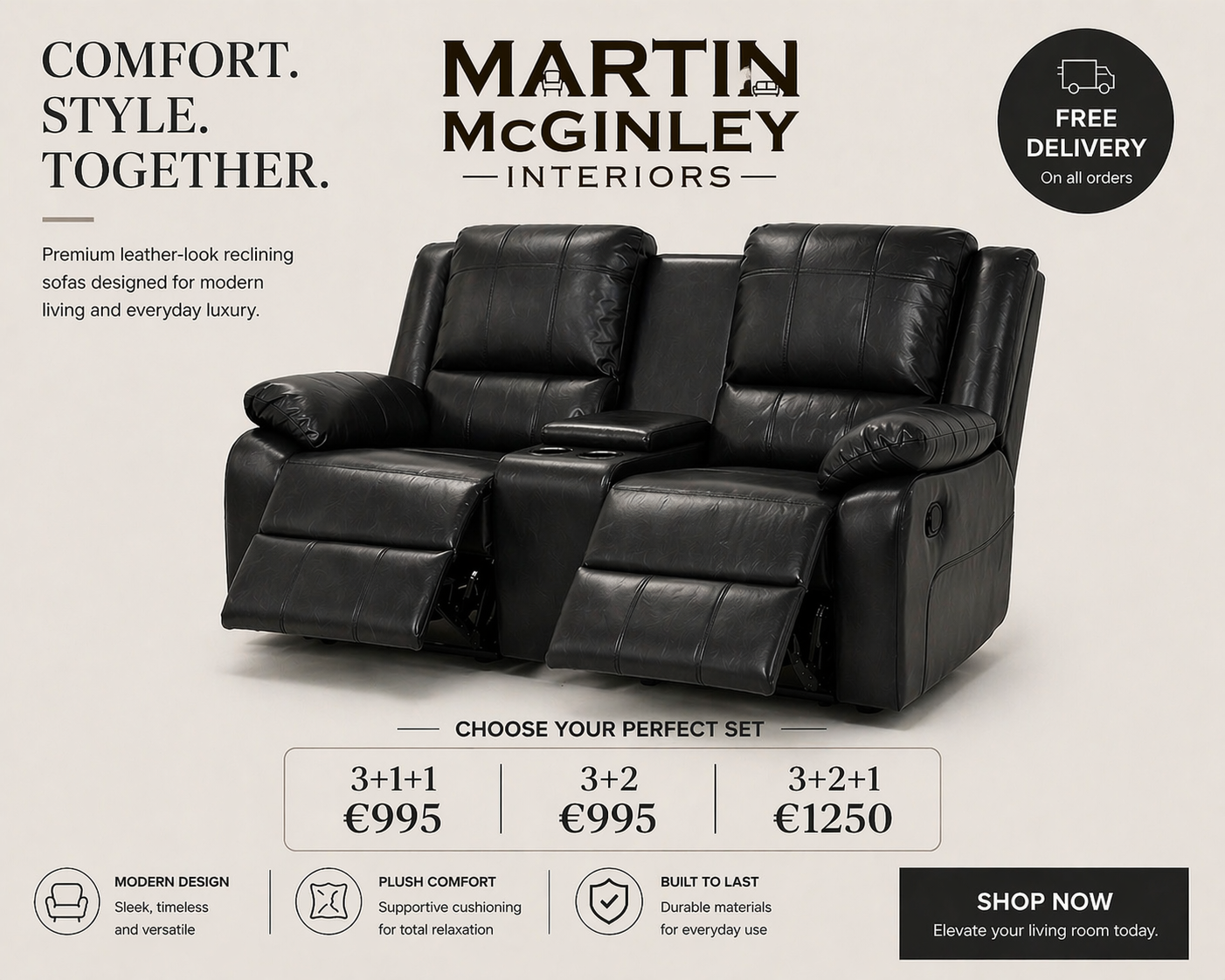 Larsons Black Leather Recliner Sofas