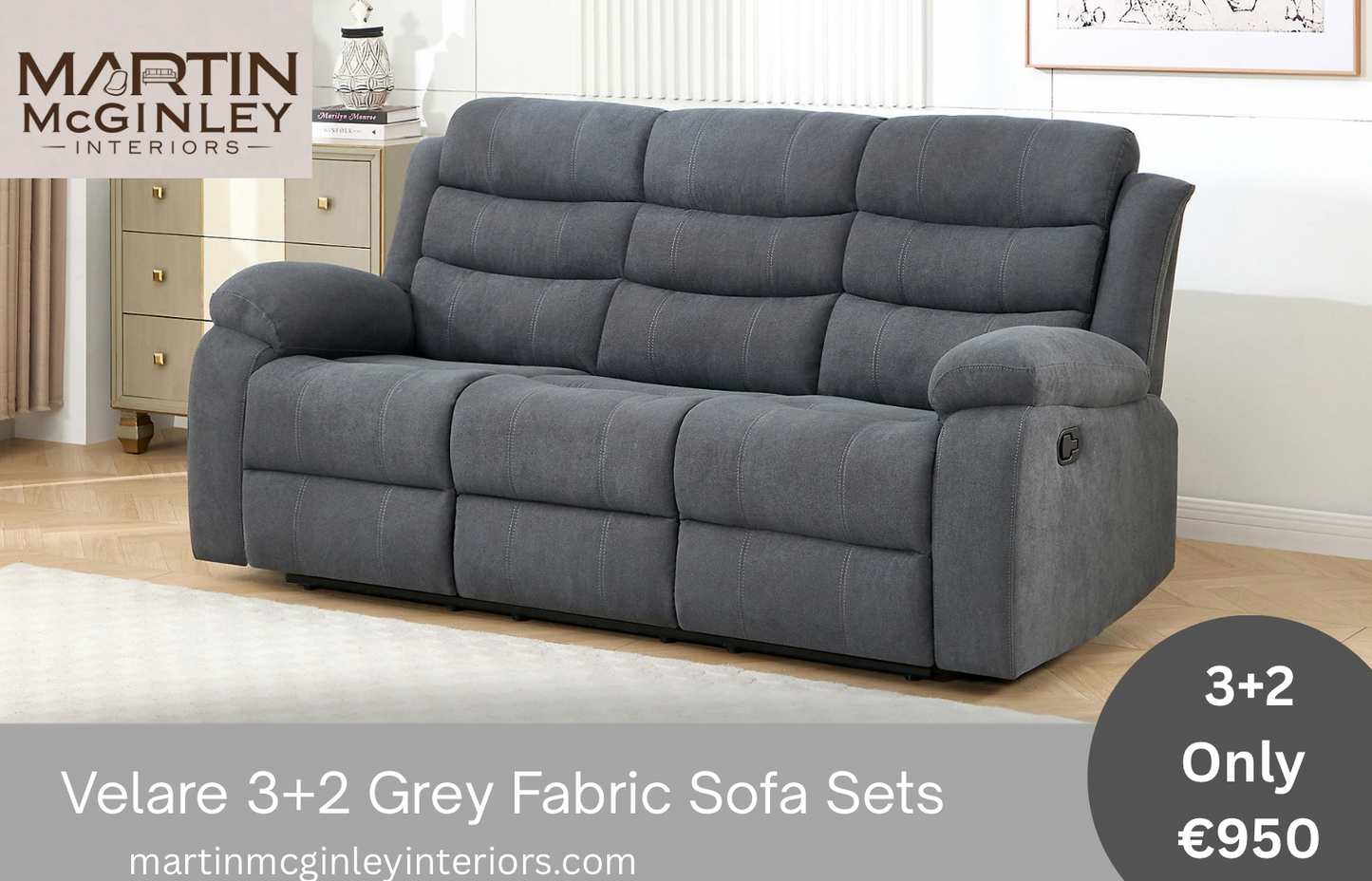 Pre Order Velare 3+2 Grey Fabric Sofas With Cupholders Available End Of March