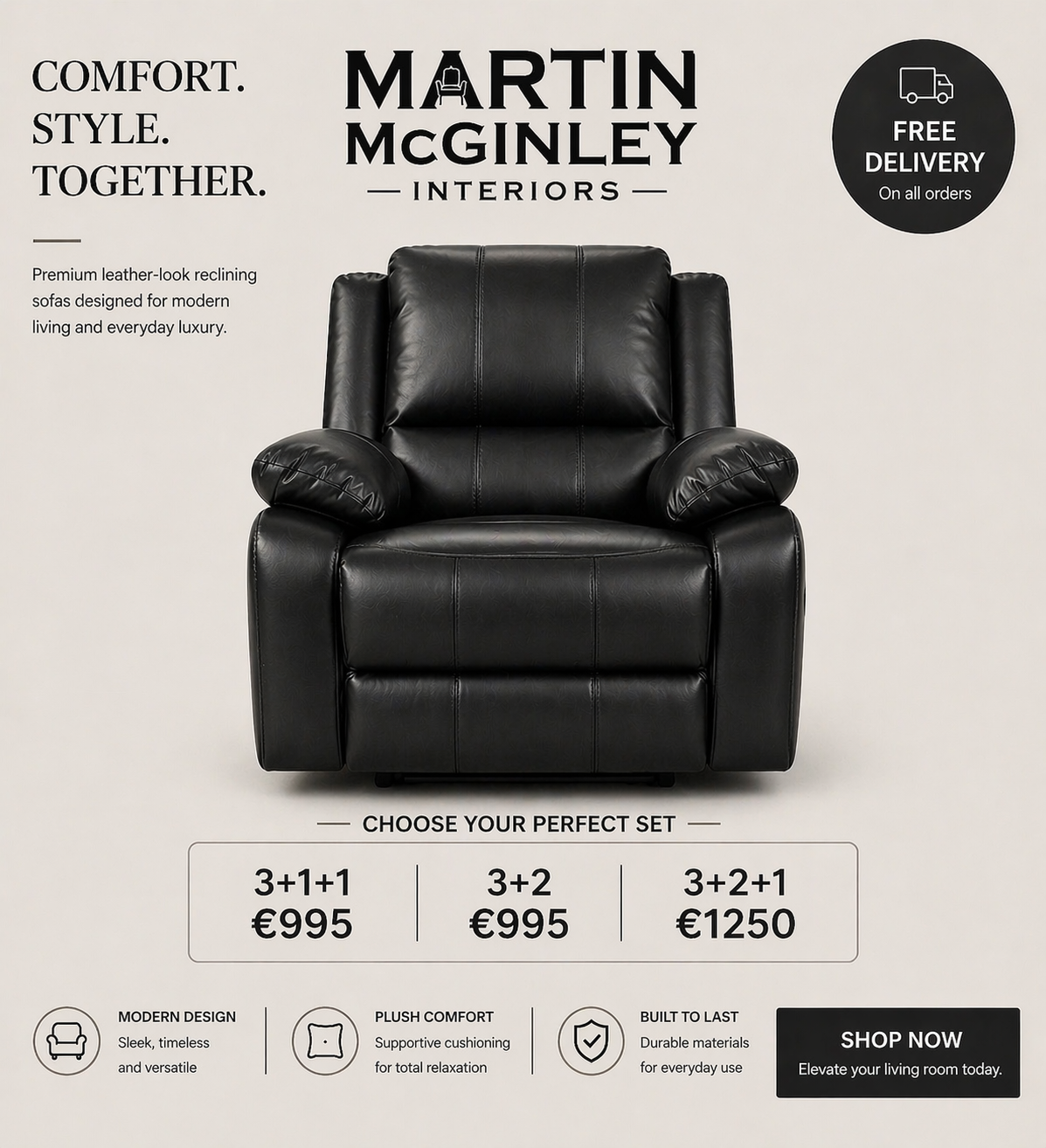 Larsons Black Leather Recliner Sofas