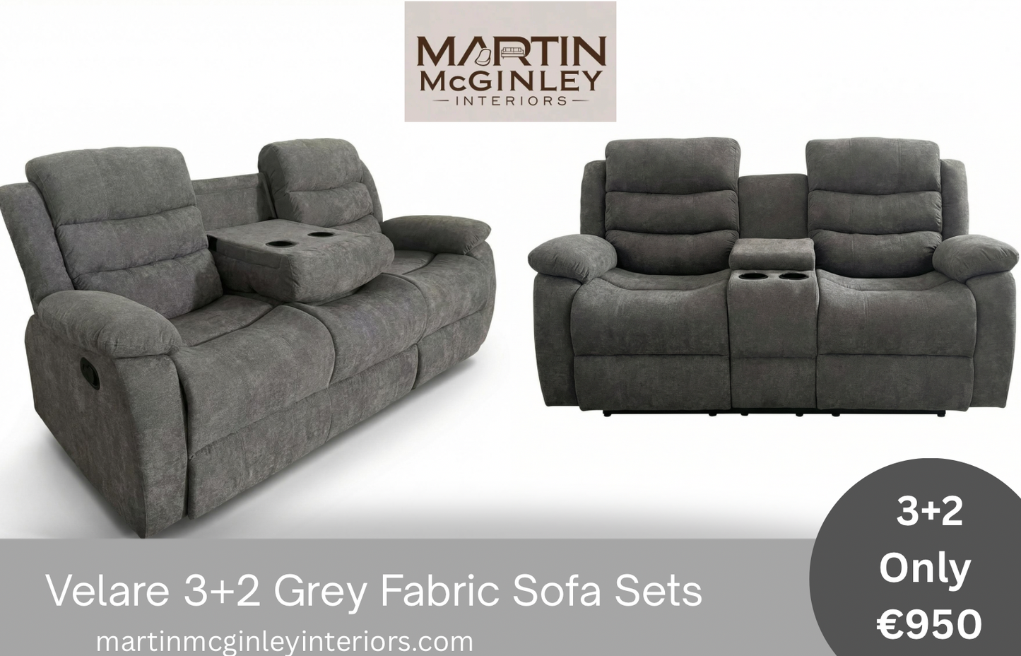Pre Order Velare 3+2 Grey Fabric Sofas With Cupholders Available End Of March