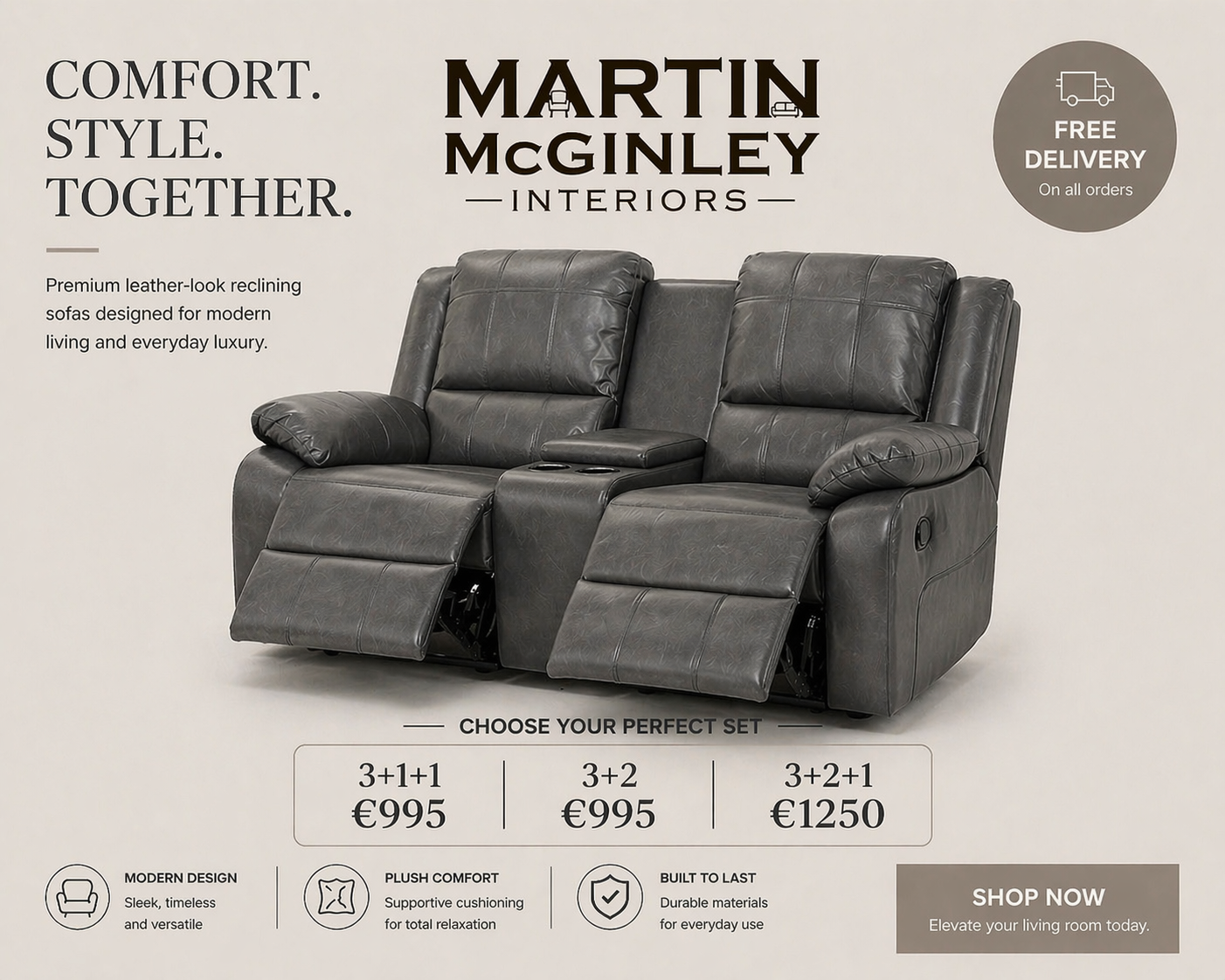 Larsons Grey Leather Recliner Sofas