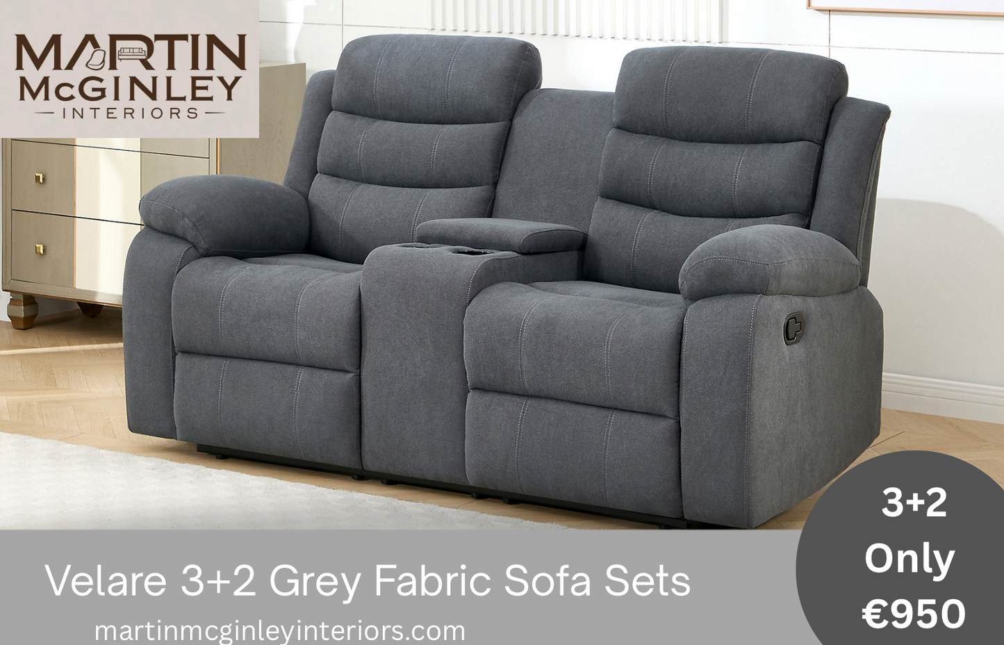 Pre Order Velare 3+2 Grey Fabric Sofas With Cupholders Available End Of March