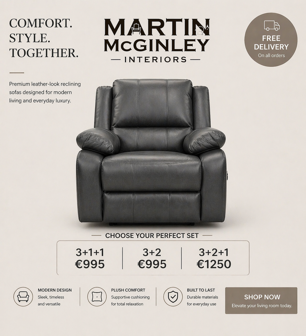Larsons Grey Leather Recliner Sofas