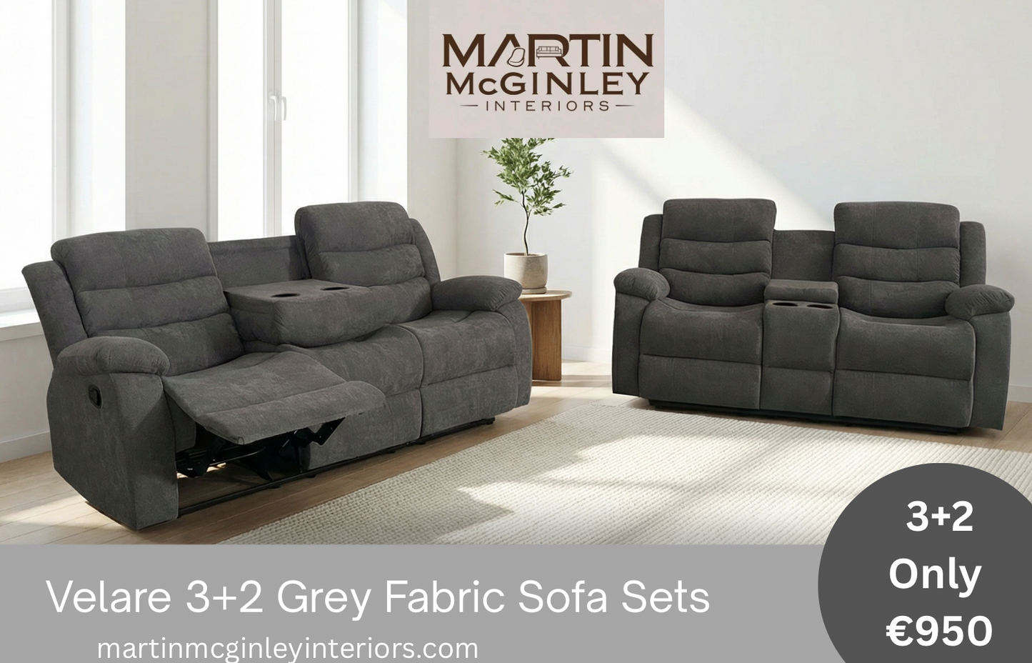 Pre Order Velare 3+2 Grey Fabric Sofas With Cupholders Available End Of March