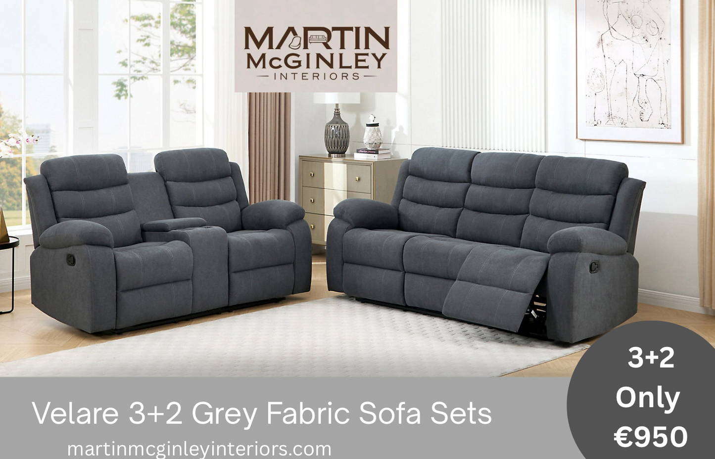 Pre Order Velare 3+2 Grey Fabric Sofas With Cupholders Available End Of March