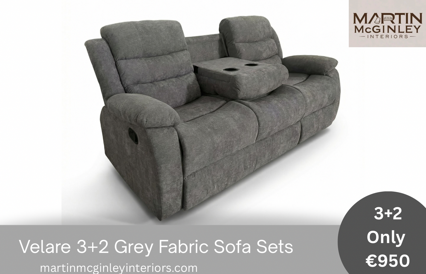 Pre Order Velare 3+2 Grey Fabric Sofas With Cupholders Available End Of March