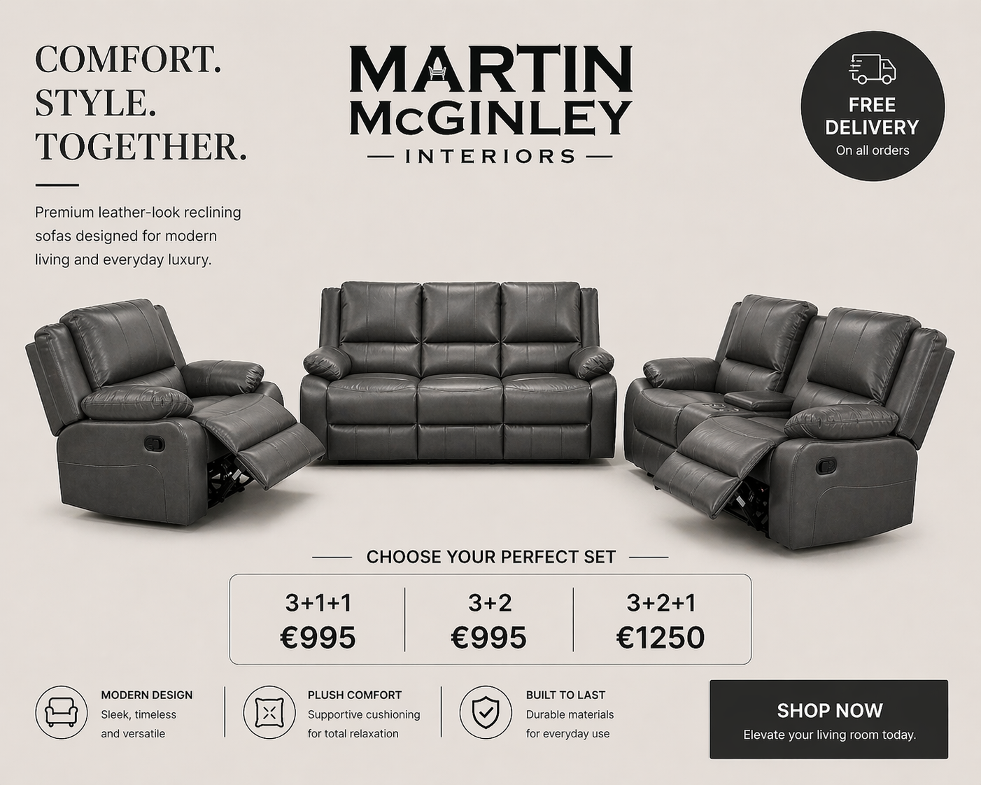Larsons Grey Leather Recliner Sofas