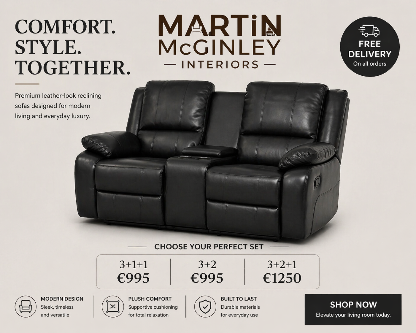Larsons Black Leather Recliner Sofas