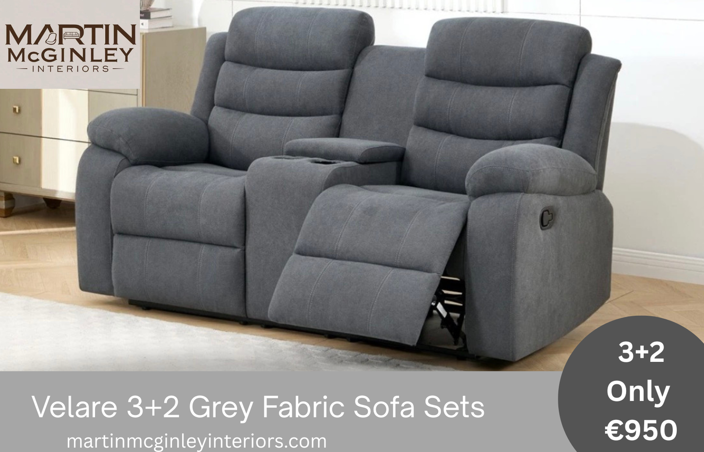 Pre Order Velare 3+2 Grey Fabric Sofas With Cupholders Available End Of March
