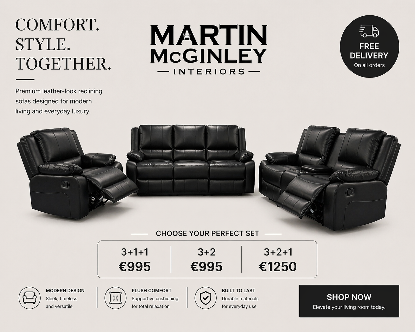 Larsons Black Leather Recliner Sofas