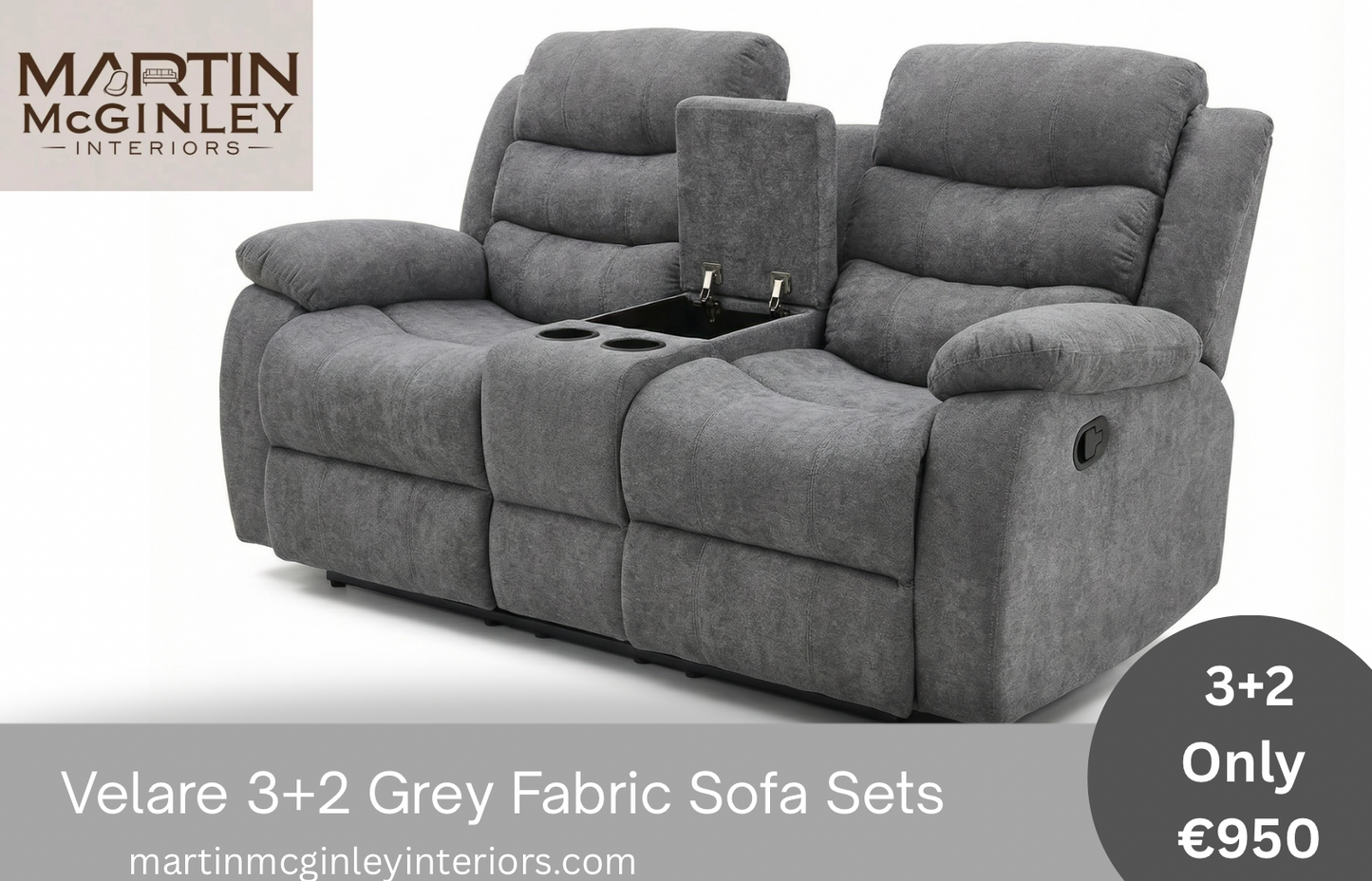 Pre Order Velare 3+2 Grey Fabric Sofas With Cupholders Available End Of March